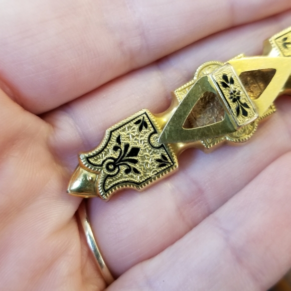 Antique brooch taille d'epargne bar pin gold tone Victorian - Picture 14 of 14